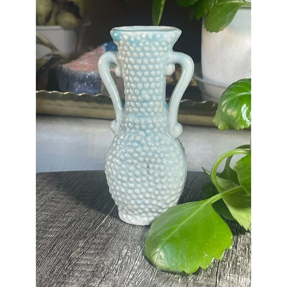 Vtg Yoko Boeki Japan Blue Lusterware Bud Vase - Applied Rose Hobnail Clover Mark
